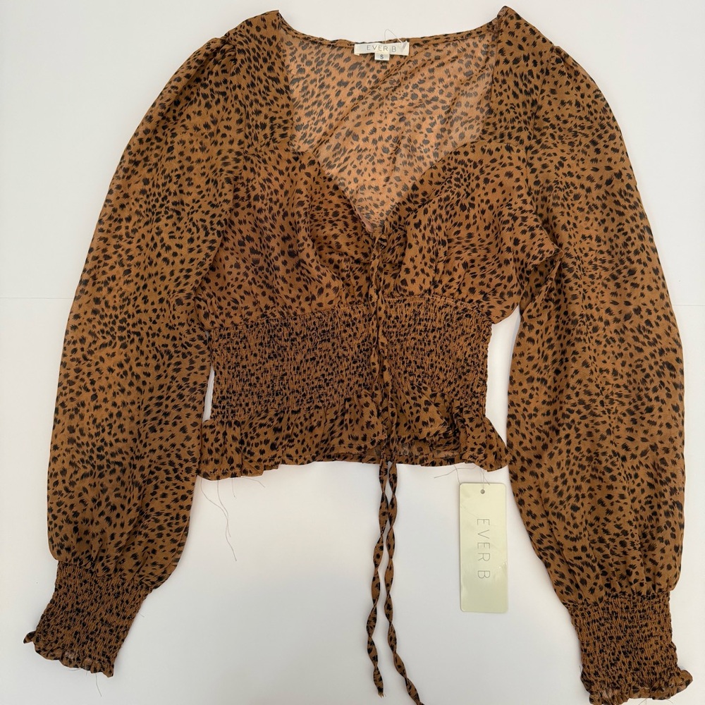 Black and Brown Smocked Crop Blouse with Tie Front